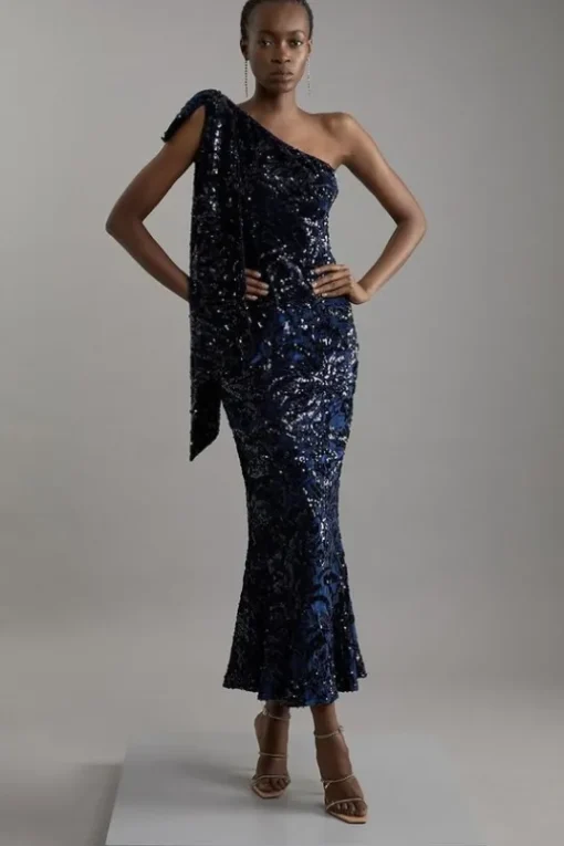 Petite Velvet Sequin One Shoulder Woven Maxi Dress
