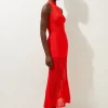 Petite Viscose Blend Knit Halter Neck Sheer Skirt Maxi Dress