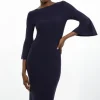 Petite Viscose Blend Look Knit Midi Dress With Fluted Sleeve