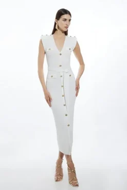 Petite Viscose Blend Rib Strong Shoulder Military Trim Knit Midaxi Dress