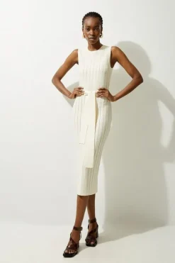 Petite Viscose Blend Sheer Detail Belted Knit Midi Dress