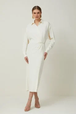 Petite Viscose Crepe Long Sleeve Woven Midi Shirt Dress