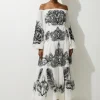 Petite Viscose Georgette Placed Cutwork Off The Shoulder Woven Maxi Dress