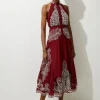 Petite Viscose Georgette Placed Cutwork Halter Woven Midi Dress