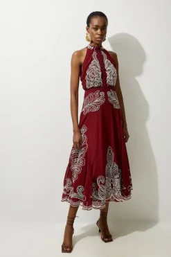 Petite Viscose Georgette Placed Cutwork Halter Woven Midi Dress