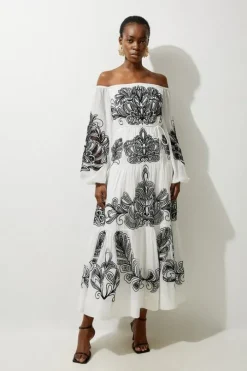 Petite Viscose Georgette Placed Cutwork Off The Shoulder Woven Maxi Dress