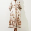 Petite Viscose Linen Scenic Placed Print Balloon Woven Shirt Dress