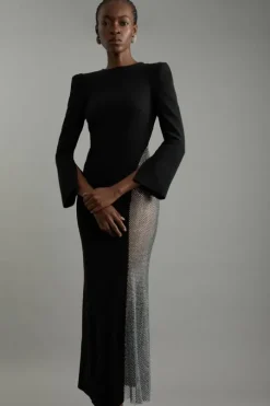 Petite Viscose Panelled Crystal Mesh Maxi Dress