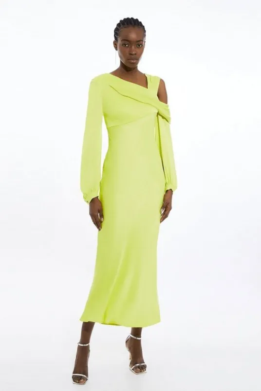 Petite Viscose Satin One Shoulder Draped Midi Dress