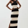 Petite Viscose Striped Cross Front Knit Midi Dress