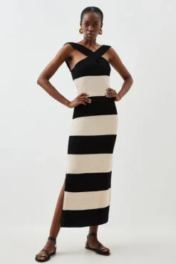 Petite Viscose Striped Cross Front Knit Midi Dress