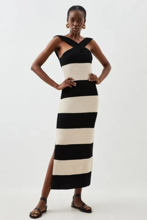 Petite Viscose Striped Cross Front Knit Midi Dress