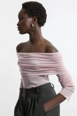 Petite Wool Blend Ballet Off The Shoulder Knit Top