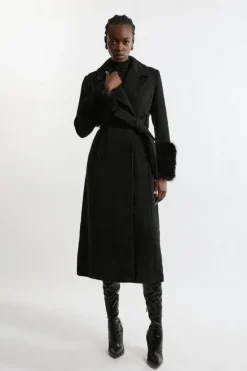 Petite Wool Blend Detachable Faux Fur Belted Coat