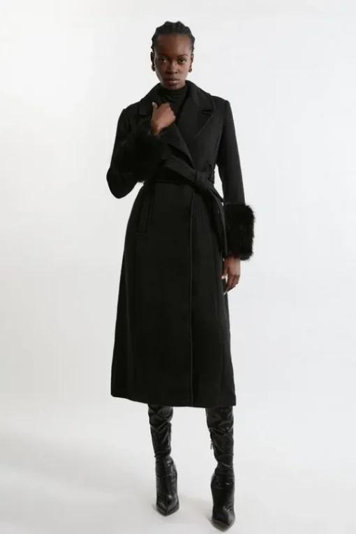Petite Wool Blend Detachable Faux Fur Belted Coat