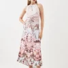 Placed Floral Ruched Waterfall Woven Maxi Dress