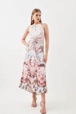 Placed Floral Ruched Waterfall Woven Maxi Dress