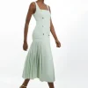 Pleated Button Detail Strappy Woven Midi Dress