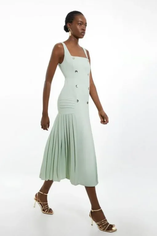 Pleated Button Detail Strappy Woven Midi Dress