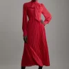 Pleated Tie Neck Woven Maxi Dress With Belt