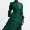 Pleated Woven Midaxi Shirt Dress With Belt