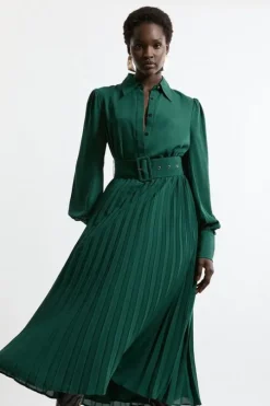 Pleated Woven Midaxi Shirt Dress With Belt