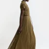 Pleated Woven Viscose Midaxi Shirt Dress