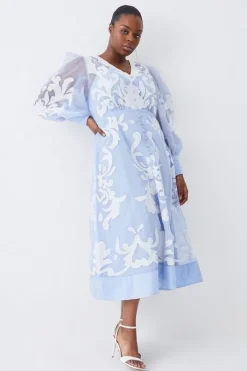 Plus Size Applique Organdie Buttoned Woven Midi Dress