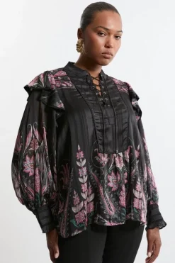 Plus Size Boho Floral Woven Blouse With Lace Front Detail