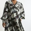 Plus Size Butterfly Print Lace Insert Trim Woven Midaxi Dress