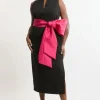 Plus Size Clean Tailored Taffeta Contrast Bow Tie Waist Midi Dress