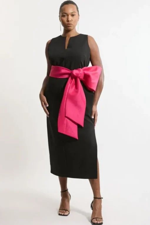 Plus Size Clean Tailored Taffeta Contrast Bow Tie Waist Midi Dress