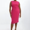 Plus Size Compact Stretch Belted Tailored Midi Pencil Dress