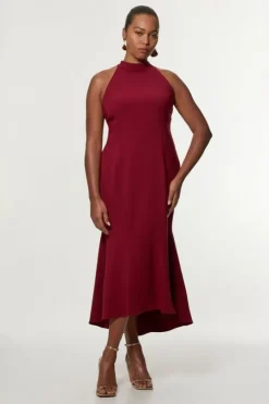 Plus Size Compact Stretch Essential Tailored High Neck Dip Hem Midi Dress