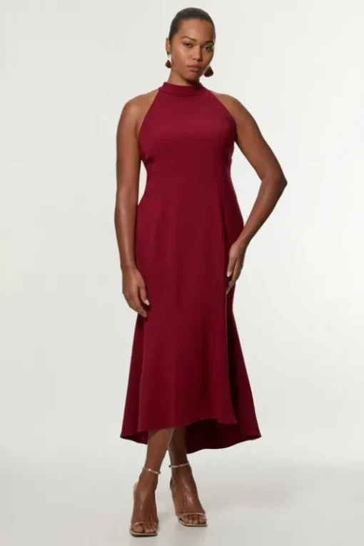 Plus Size Compact Stretch Essential Tailored High Neck Dip Hem Midi Dress