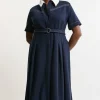 Plus Size Compact Stretch Contrast Collar Full Skirted Midi Dress
