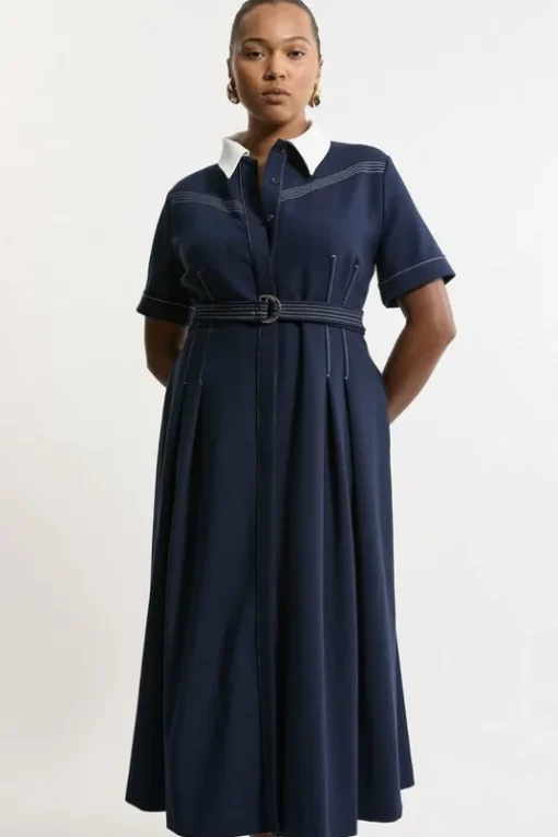 Plus Size Compact Stretch Contrast Collar Full Skirted Midi Dress