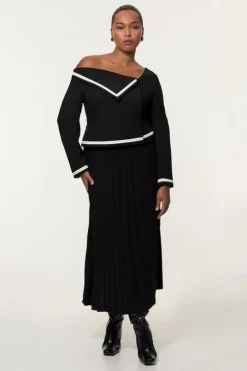 Plus Size Compact Stretch Asymmetric Neck Color Block Pleated Tailored Midaxi Dress