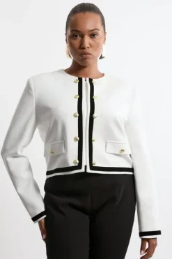 Plus Size Compact Stretch Tipped Velvet Contrast Collarless Tailored Jacket