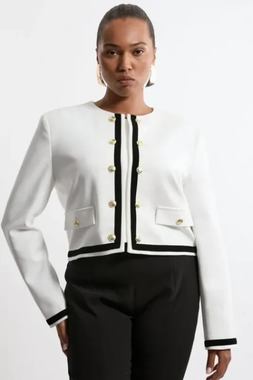Plus Size Compact Stretch Tipped Velvet Contrast Collarless Tailored Jacket