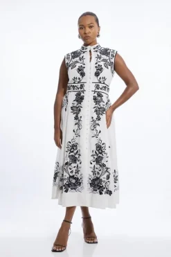 Plus Size Cotton Embroidery Woven Button Up Midi Dress