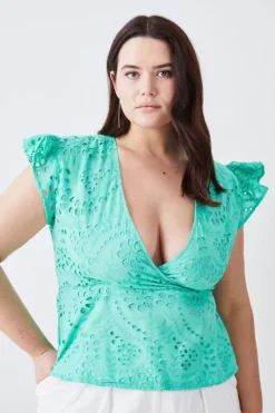 Plus Size Cotton Eyelet Ruffle Sleeve Top