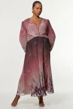 Plus Size Crinkle Pleat Border Floral Balloon Sleeve Woven Maxi Dress