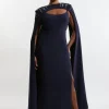 Plus Size Crystal Embellished Viscose Crepe Woven Maxi Dress With Detachable Cape