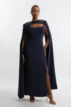 Plus Size Crystal Embellished Viscose Crepe Woven Maxi Dress With Detachable Cape
