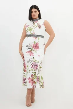 Plus Size Diamante Trim Floral Woven Sleeveless Maxi Dress