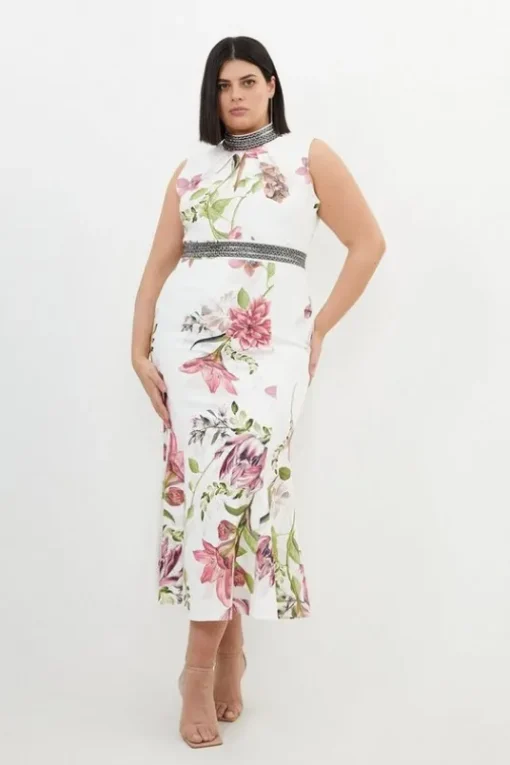 Plus Size Diamante Trim Floral Woven Sleeveless Maxi Dress