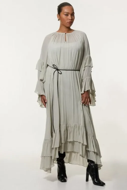 Plus Size Drama Kimono Viscose Georgette Woven Maxi Dress With PU Belt