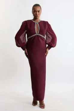 Plus Size Embellished And Chiffon Sleeve Figure Form Knit Midaxi Dress