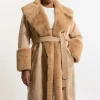Plus Size Faux Shearling Collar & Cuff Belted Long Coat